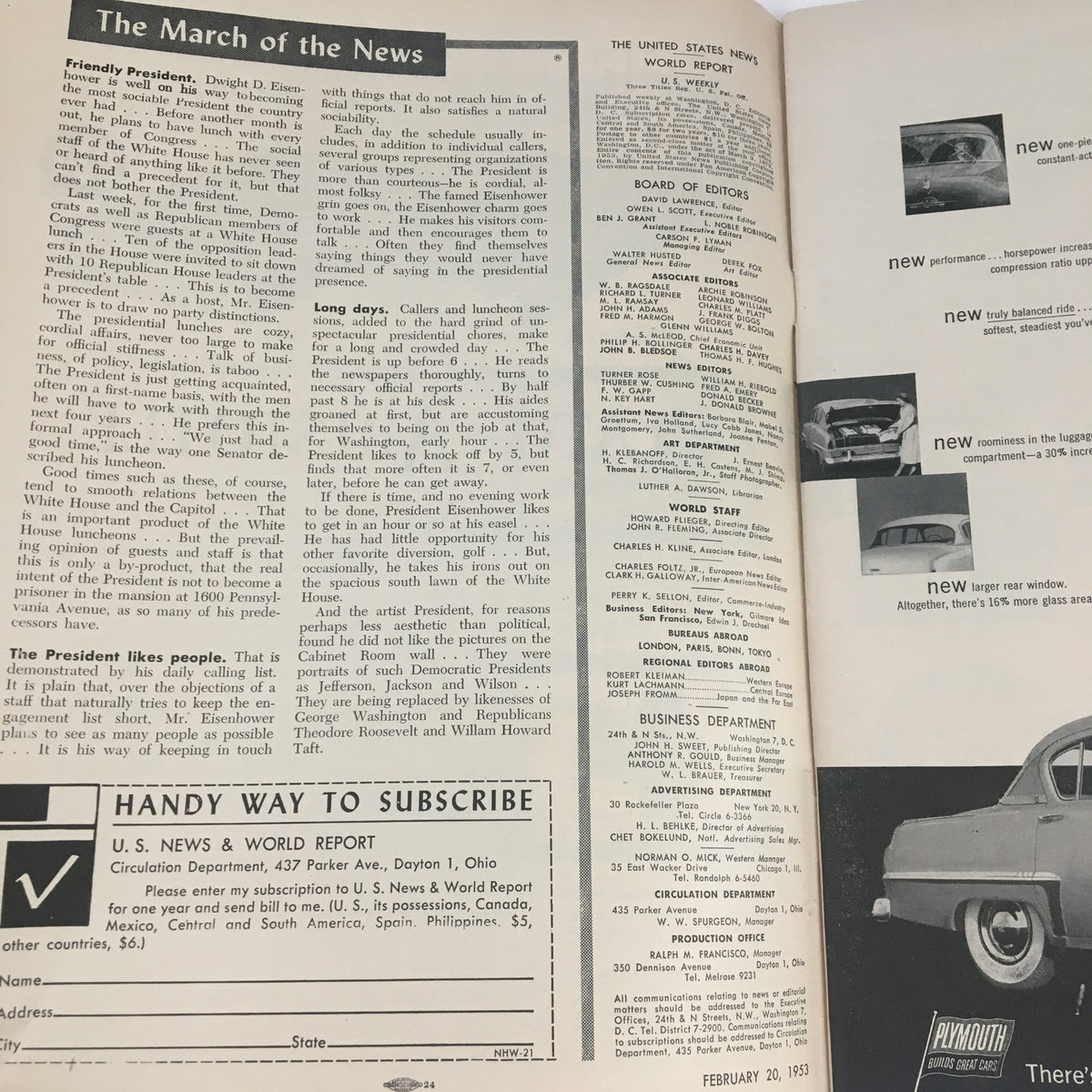 Interior page of VTG U.S. News & World Report February 20 1953 showcasing 1950s news articles and subscription information.