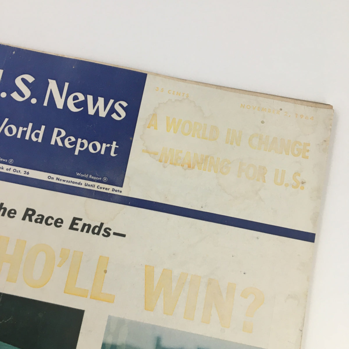 Close-up of the cover of VTG U.S. News & World Report from November 2, 1964, displaying the magazine title and the date, highlighting a transitional period in U.S. politics.