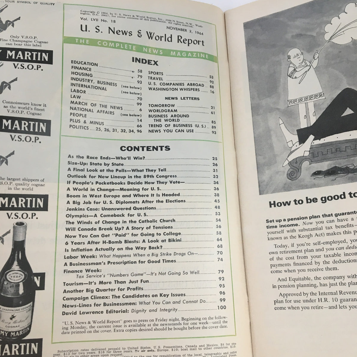 Inside page of VTG U.S. News & World Report November 2, 1964, showing the index and contents of the magazine, depicting various articles related to the political climate of the era.
