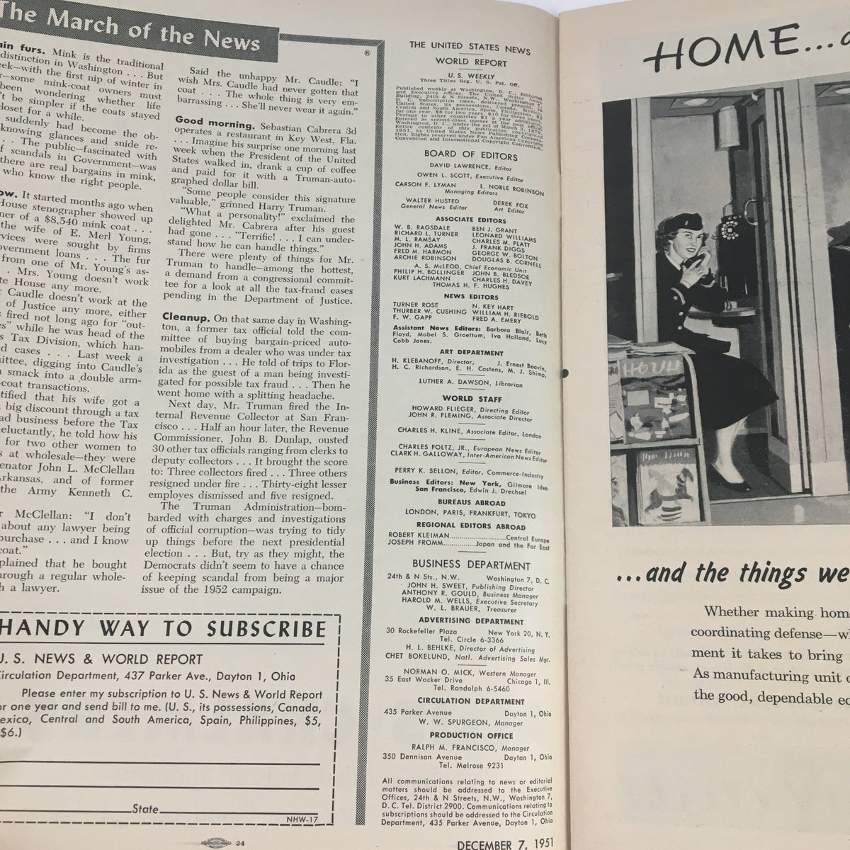 Interior page of the VTG U.S. News & World Report from December 7, 1951, featuring article sections and advertisements, showcasing the magazine's vintage design and historical context.