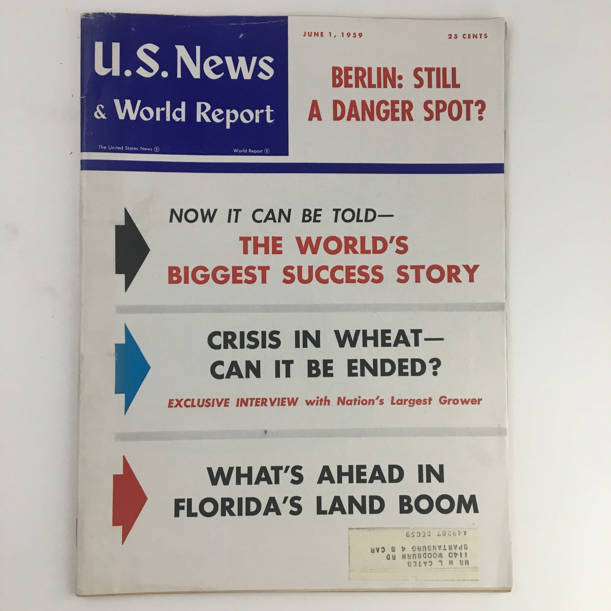 Cover of VTG U.S. News & World Report June 1 1959 with headlines on success story and various topics from the issue.
