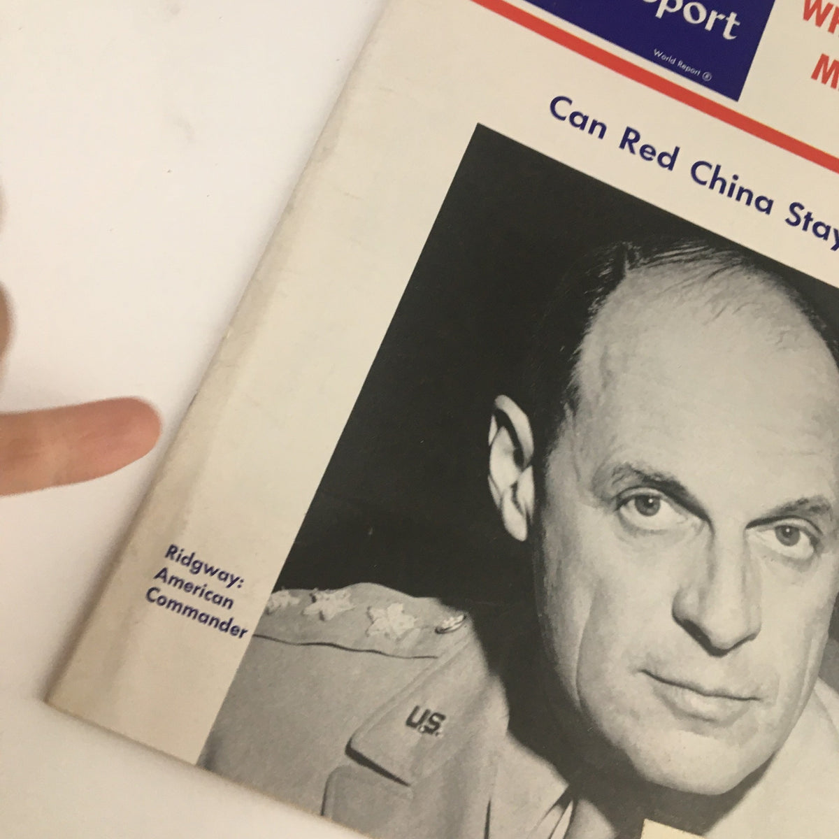 Close-up view of the February 2, 1951 issue of U.S. News & World Report, showcasing a monochrome photo of American Commander Matthew Ridgway with magazine details.