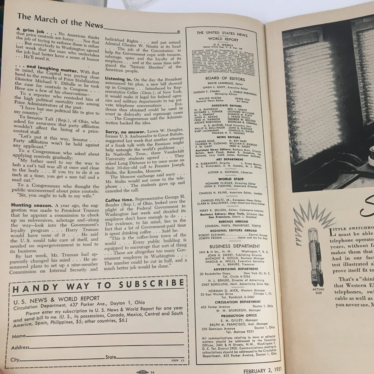 Interior page of the vintage U.S. News & World Report magazine dated February 2, 1951, featuring text and advertisements from the era, highlighting Matthew Ridgway, the American Commander.
