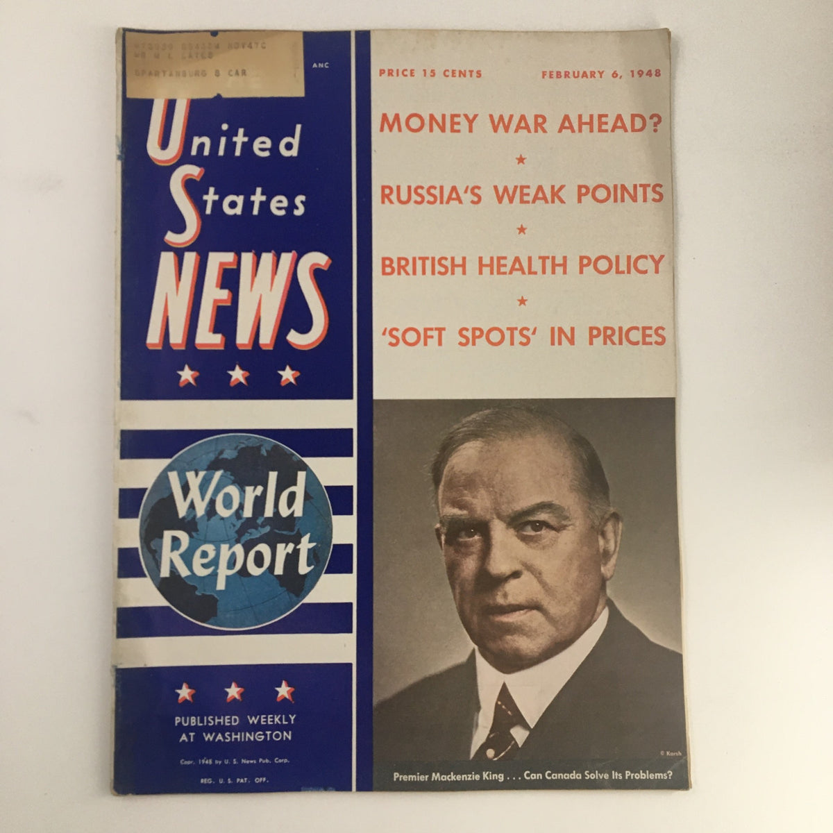 Cover of the VTG U.S. News & World Report, February 6, 1948, featuring Canada Premier Mackenzie King, showcasing historical political insights and articles from the post-World War II era.