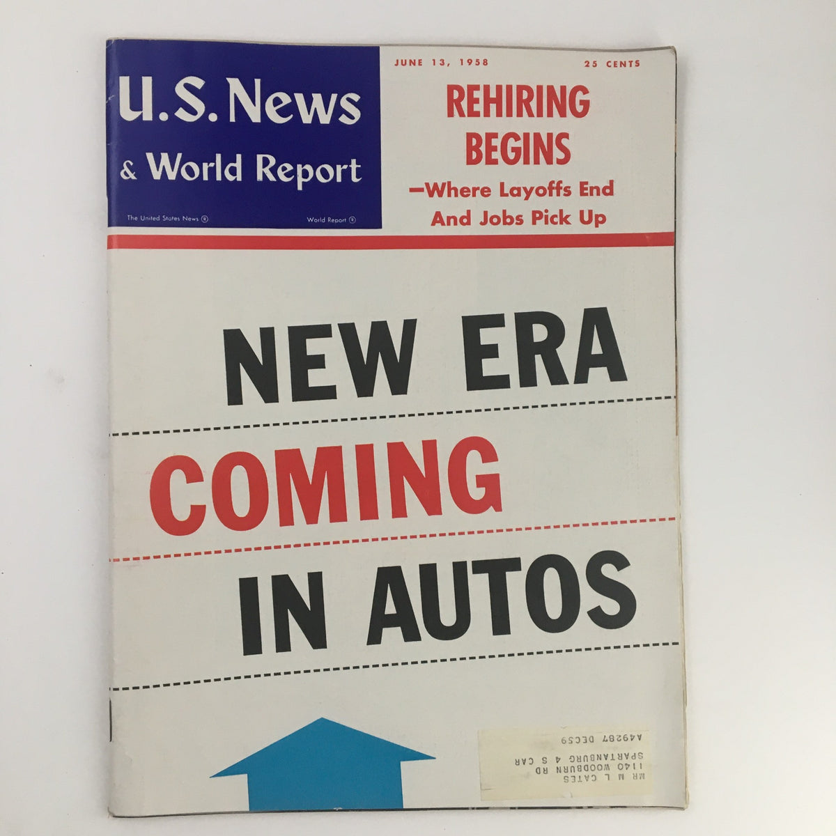 Vintage U.S. News & World Report magazine from June 13, 1958, titled 'New Era Coming in Autos', featuring a cover story on the automotive industry changes and rehiring trends.