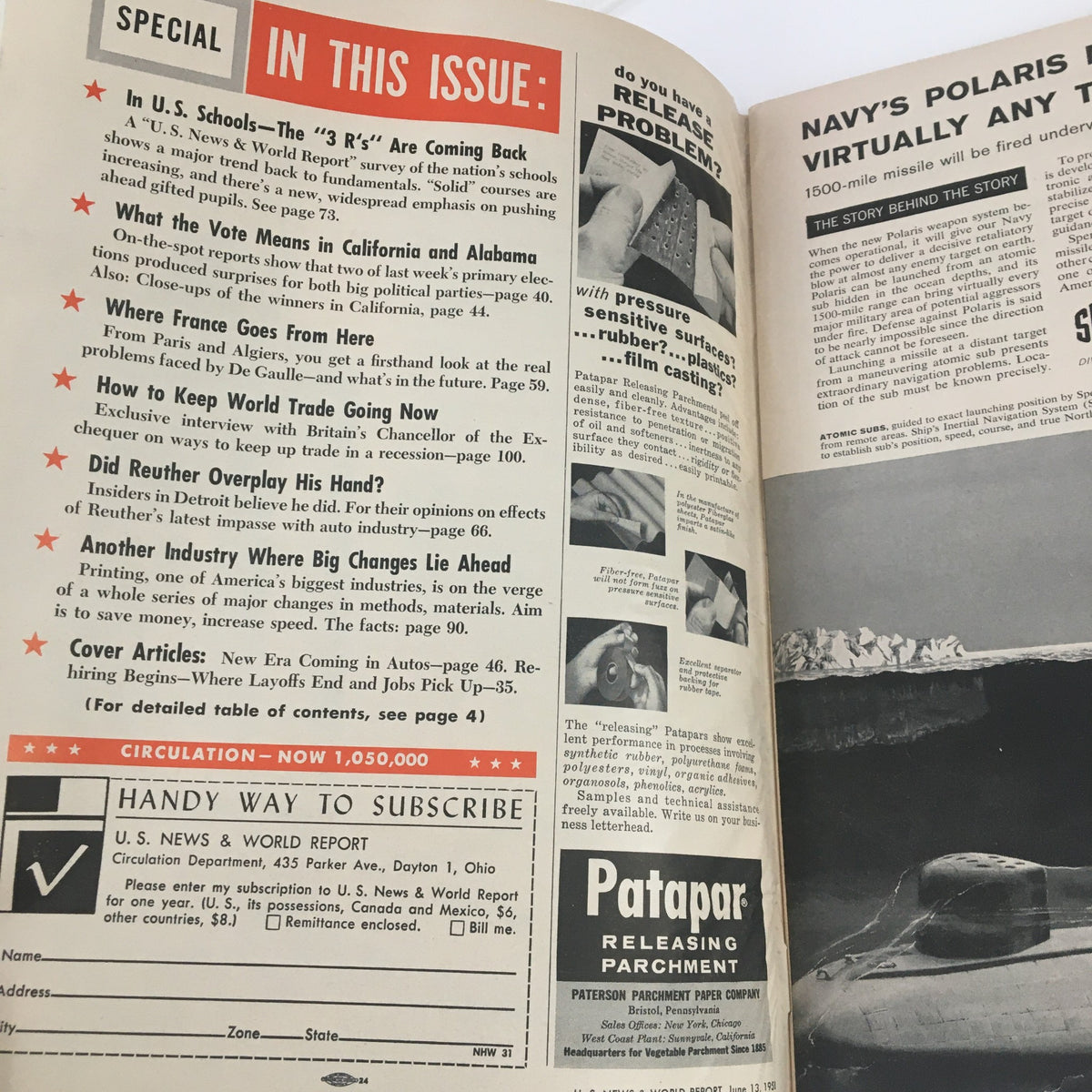 Inside page of VTG U.S. News & World Report June 13 1958 featuring special contents including discussion on education trends, world trade, and the automotive industry during a pivotal moment in history.