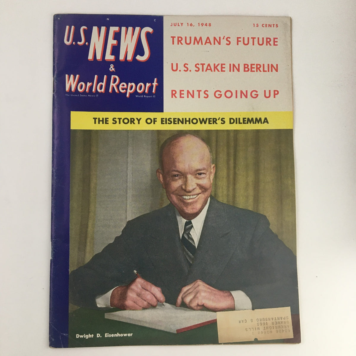 Vintage U.S. News & World Report from July 16, 1948 featuring a cover story on Dwight Eisenhower's Dilemma, showcasing Eisenhower smiling with a focus on post-World War II political challenges.