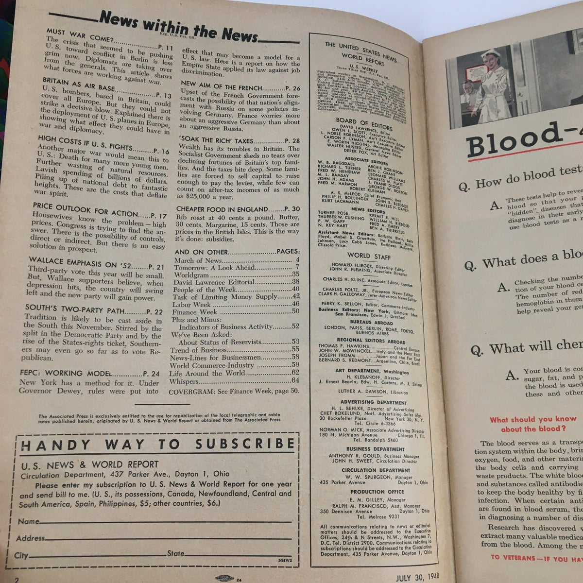 Inside pages of VTG U.S. News & World Report July 30 1948 showcasing articles and features, including sections on high cost of living and economic discussions relevant to the post-war era.