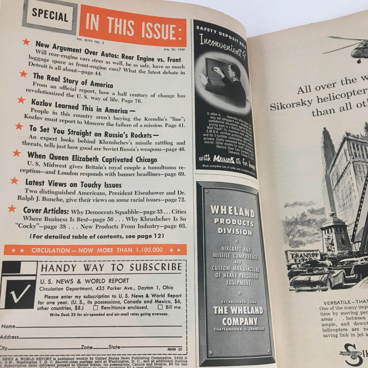 Inside pages of the vintage U.S. News & World Report from July 20, 1959, showcasing articles including 'Why Democrats Squabble' and the political climate of the era.