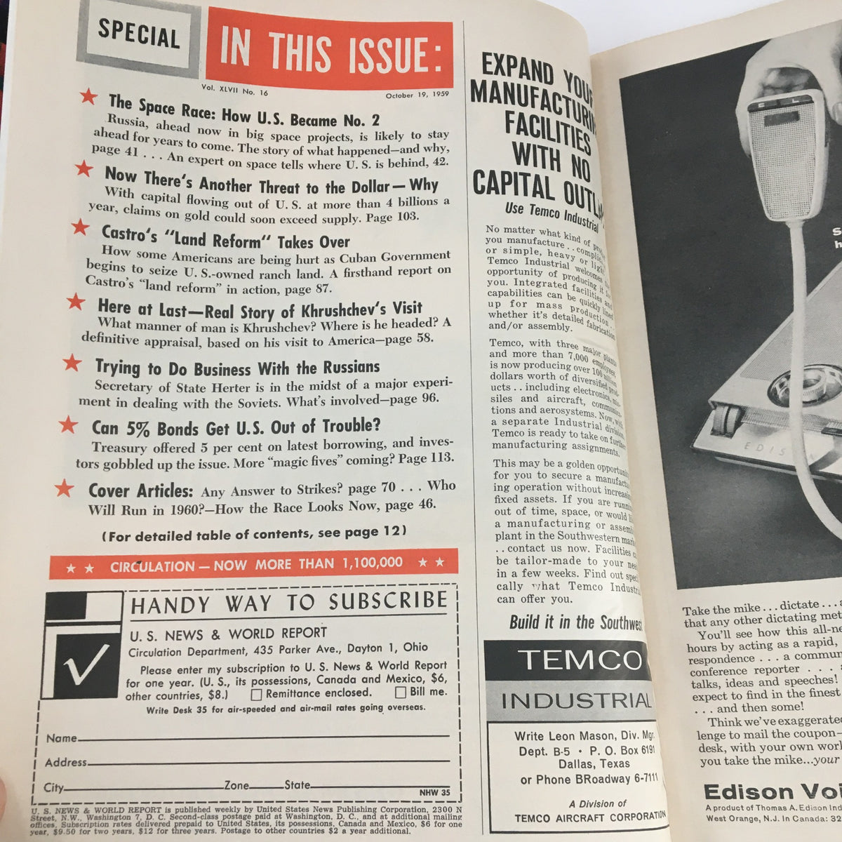 Inside view of the VTG U.S. News & World Report October 19 1959, highlighting articles on the political landscape and social issues of the time, including The Space Race and Castro's Land Reform.