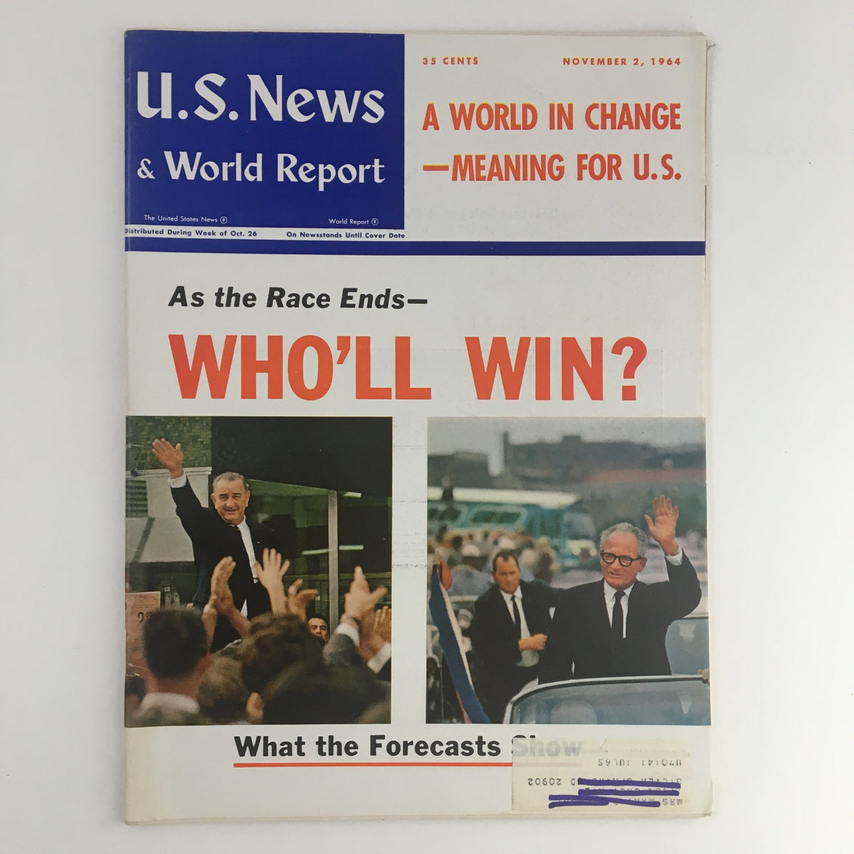 Cover of the vintage U.S. News & World Report dated November 2, 1964, titled 'A World in Change: Meaning for U.S.' featuring an inquiry about election forecasts.