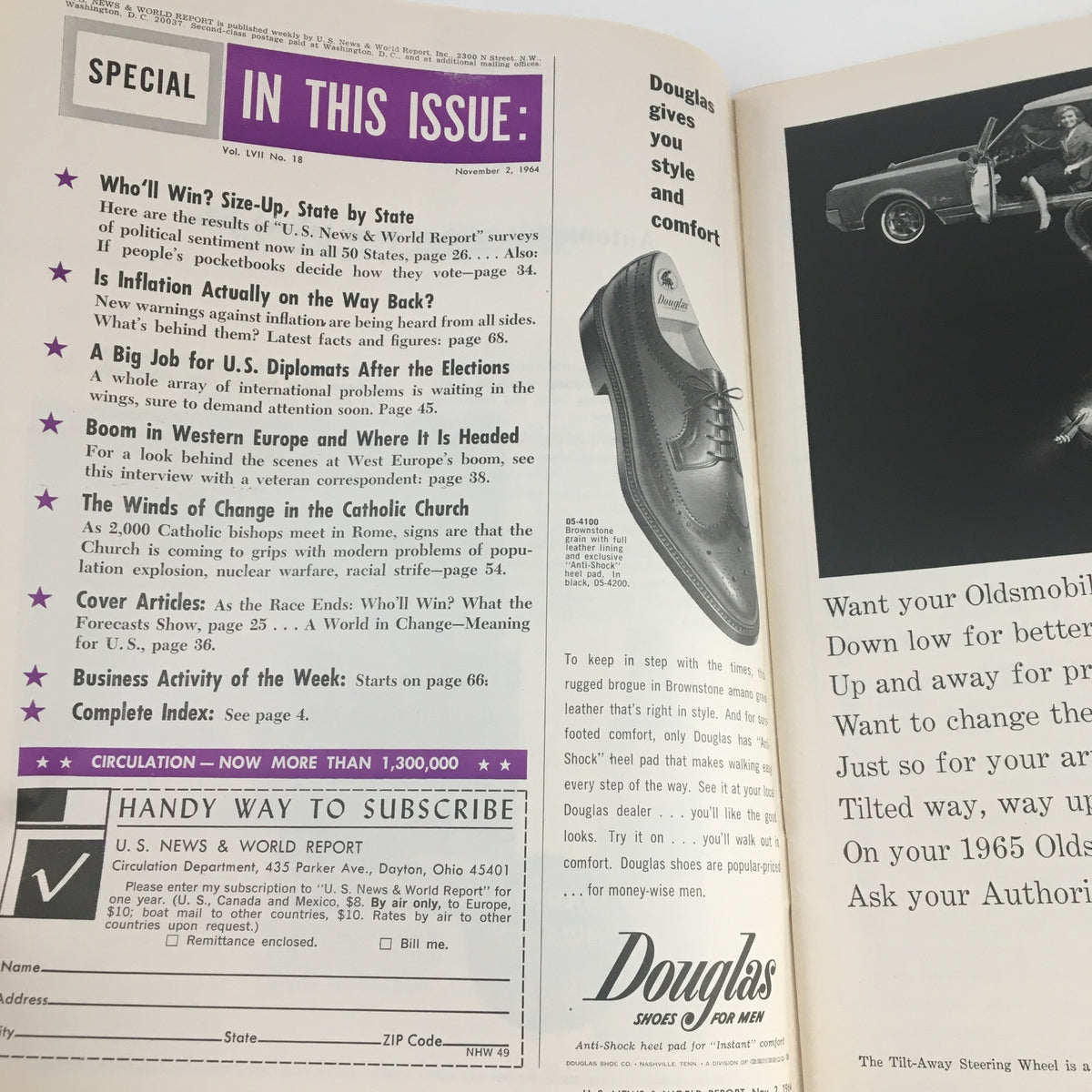 Interior page from the vintage U.S. News & World Report, November 2, 1964, showcasing articles on political forecasts and events influencing America, along with advertisements.