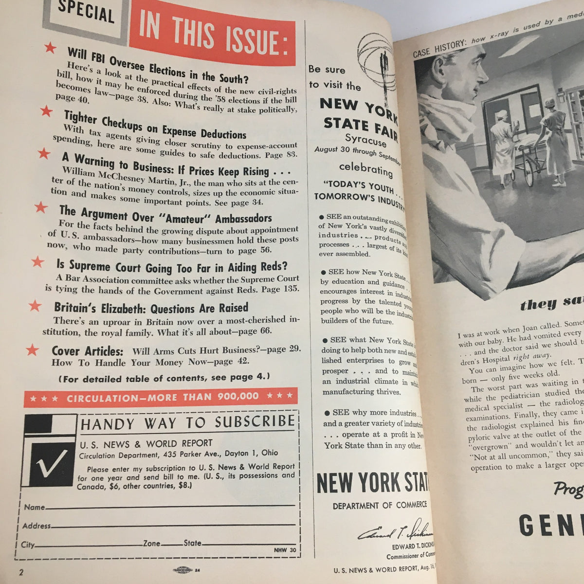 Interior page of VTG U.S. News & World Report August 16 1957 displaying content highlights and advertisements, emphasizing discussions on financial guidance and societal challenges of the time.
