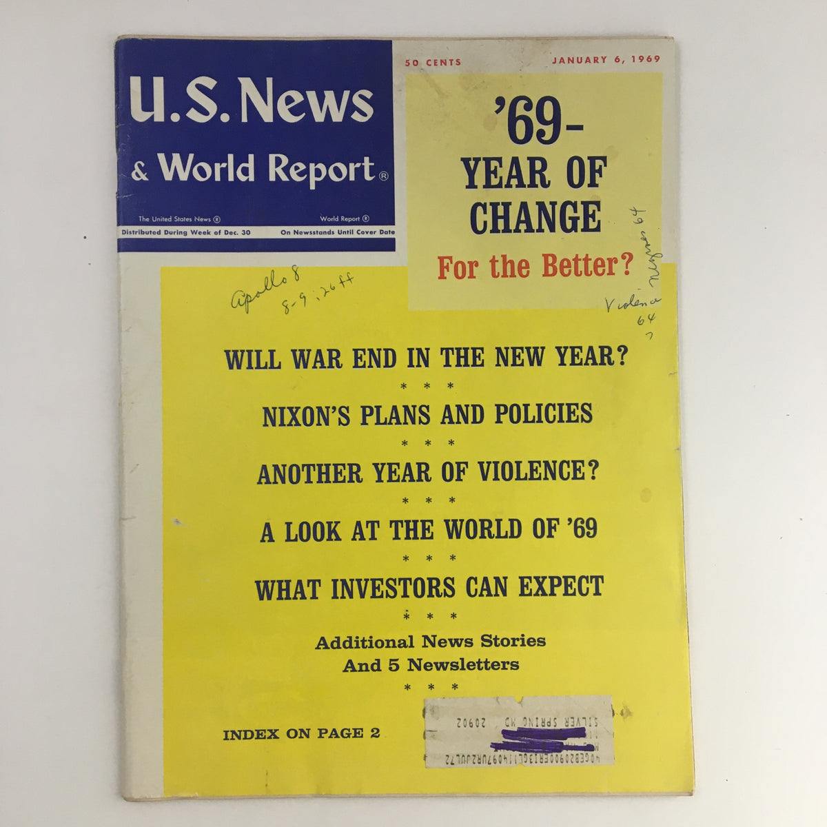 Cover of the VTG U.S. News & World Report magazine from January 6, 1969, showcasing the title '69-Year of Change for the Better?' and headlines about Nixon's plans and policies.