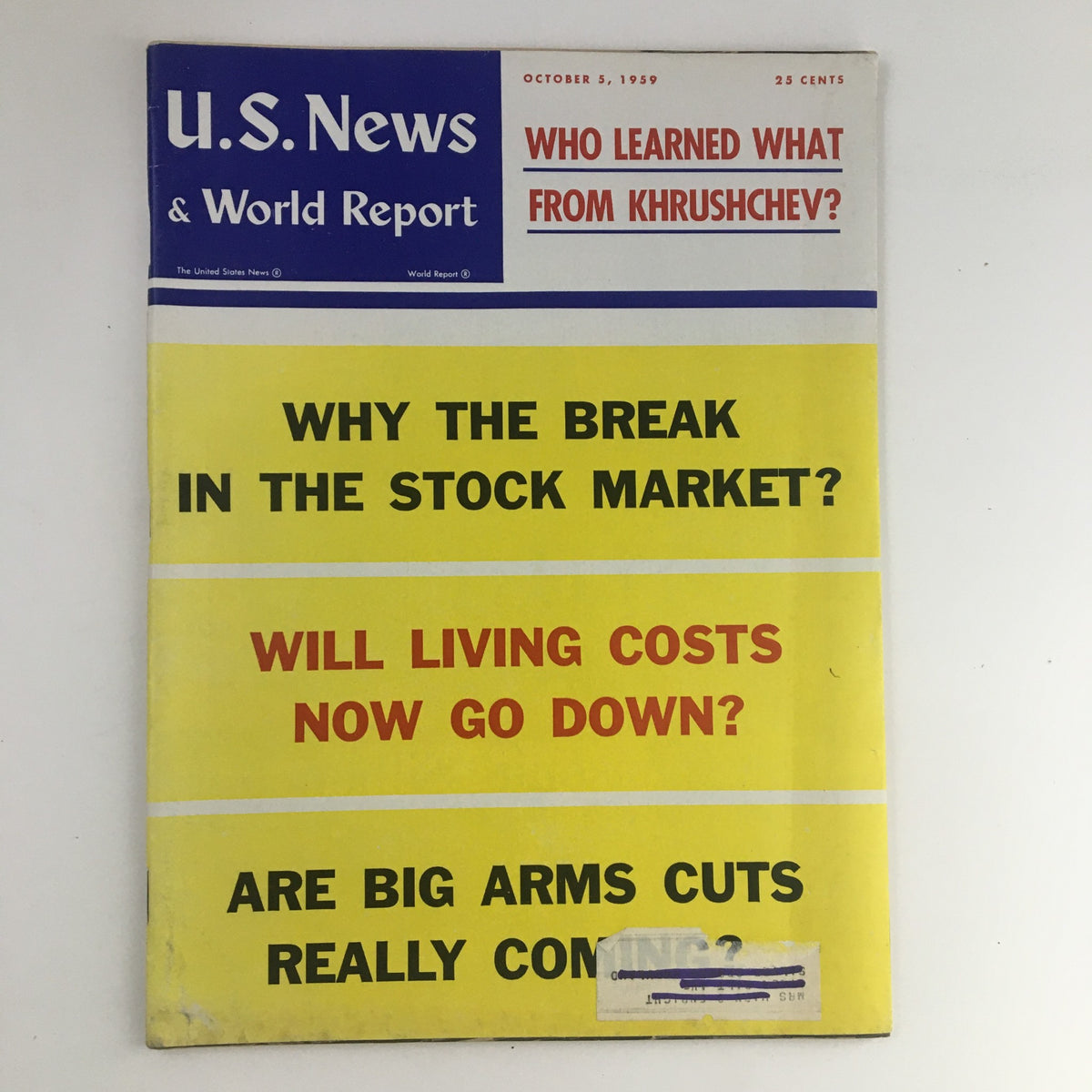 Cover of the vintage U.S. News & World Report dated October 5, 1959, featuring headlines about the stock market break, living costs, and arms cuts.