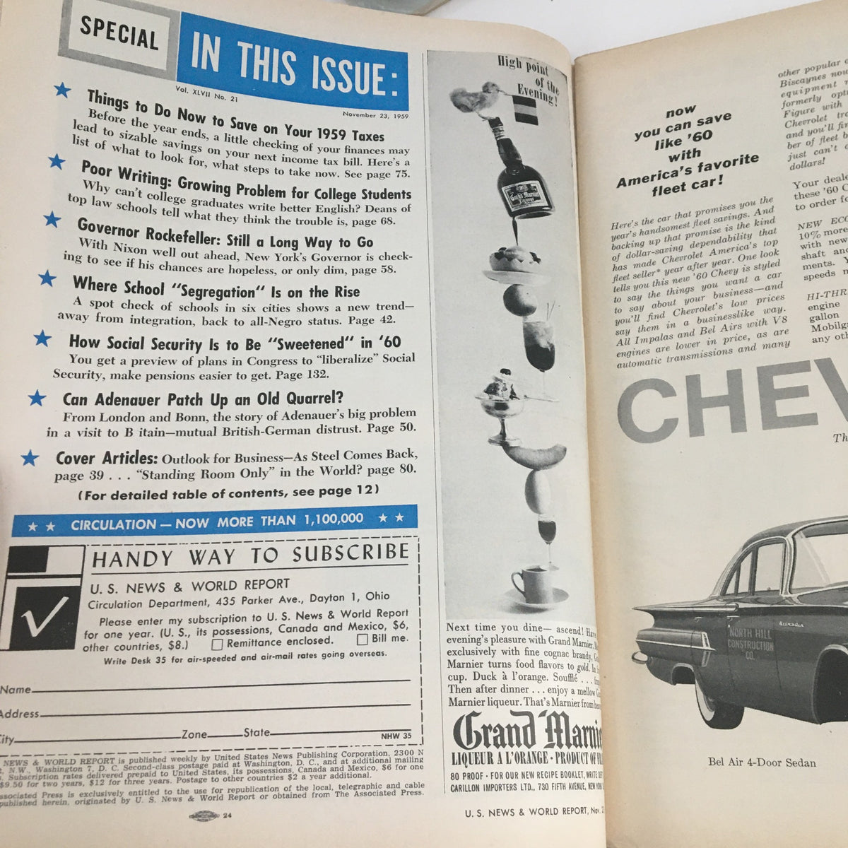 Inside page of VTG U.S. News & World Report November 23 1959 featuring content on societal issues and advertisements, including a section labeled 'In This Issue' with various featured articles.