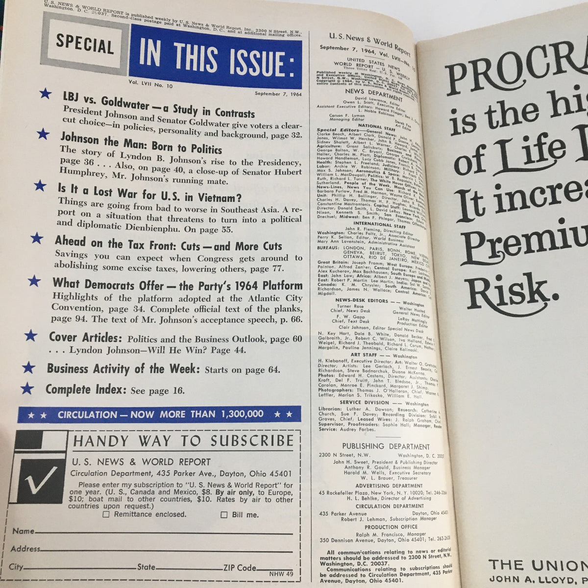 Inside page of U.S. News & World Report September 7 1964, highlighting articles about Lyndon B. Johnson's presidential campaign, including 'LBJ vs. Goldwater' and 'Cover Articles: Politics and the Business Outlook.'