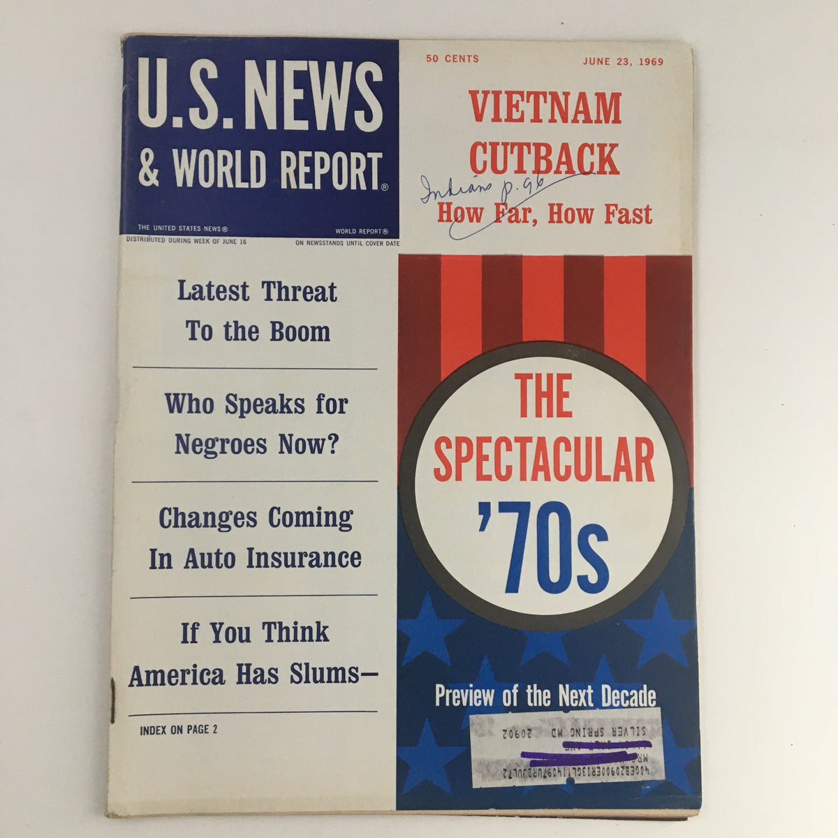 Cover of VTG U.S. News & World Report June 23 1969 featuring bold headlines and images related to auto insurance changes and key social issues of the era.