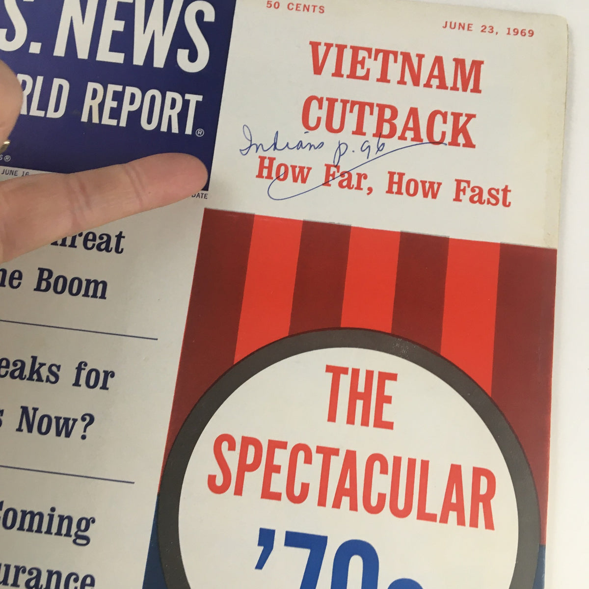 Close-up of the VTG U.S. News & World Report June 23 1969 cover, highlighting the headline 'Vietnam Cutback' and additional topics including auto insurance.
