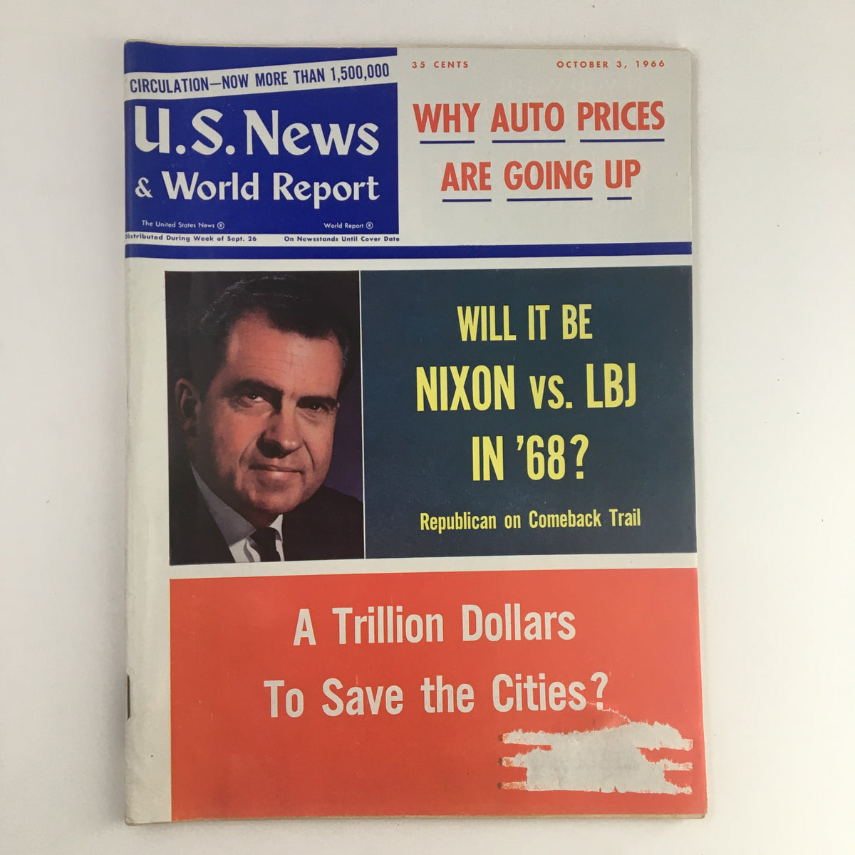 Cover of VTG U.S. News & World Report October 3 1966 featuring Richard Nixon with the headline 'Will it be Nixon vs. LBJ in '68?' showcasing key political themes of the era.