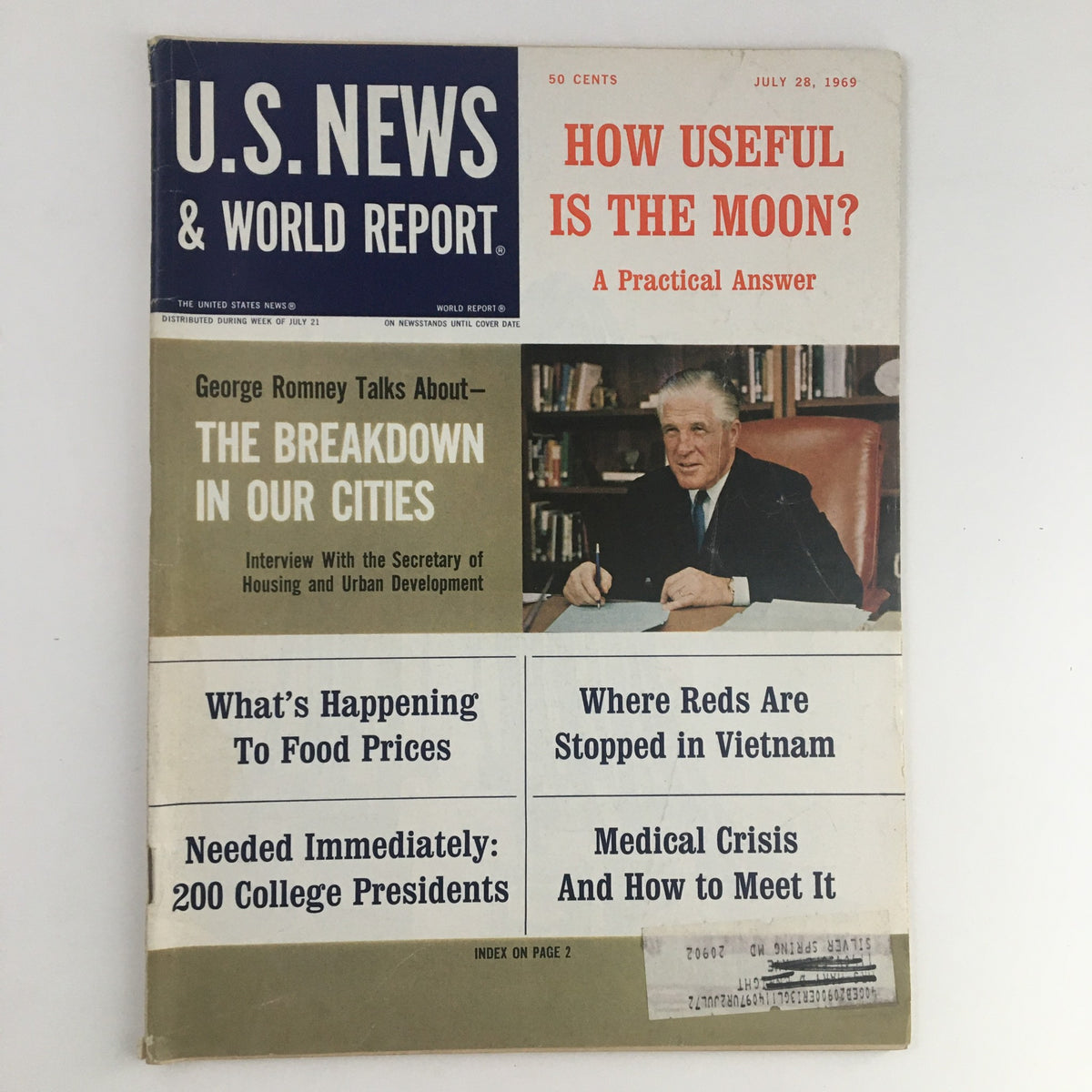 Cover of VTG U.S. News & World Report July 28 1969 featuring George Romney discussing urban challenges titled 'The Breakdown in Our Cities'. Includes headlines on various topics and vivid magazine design.