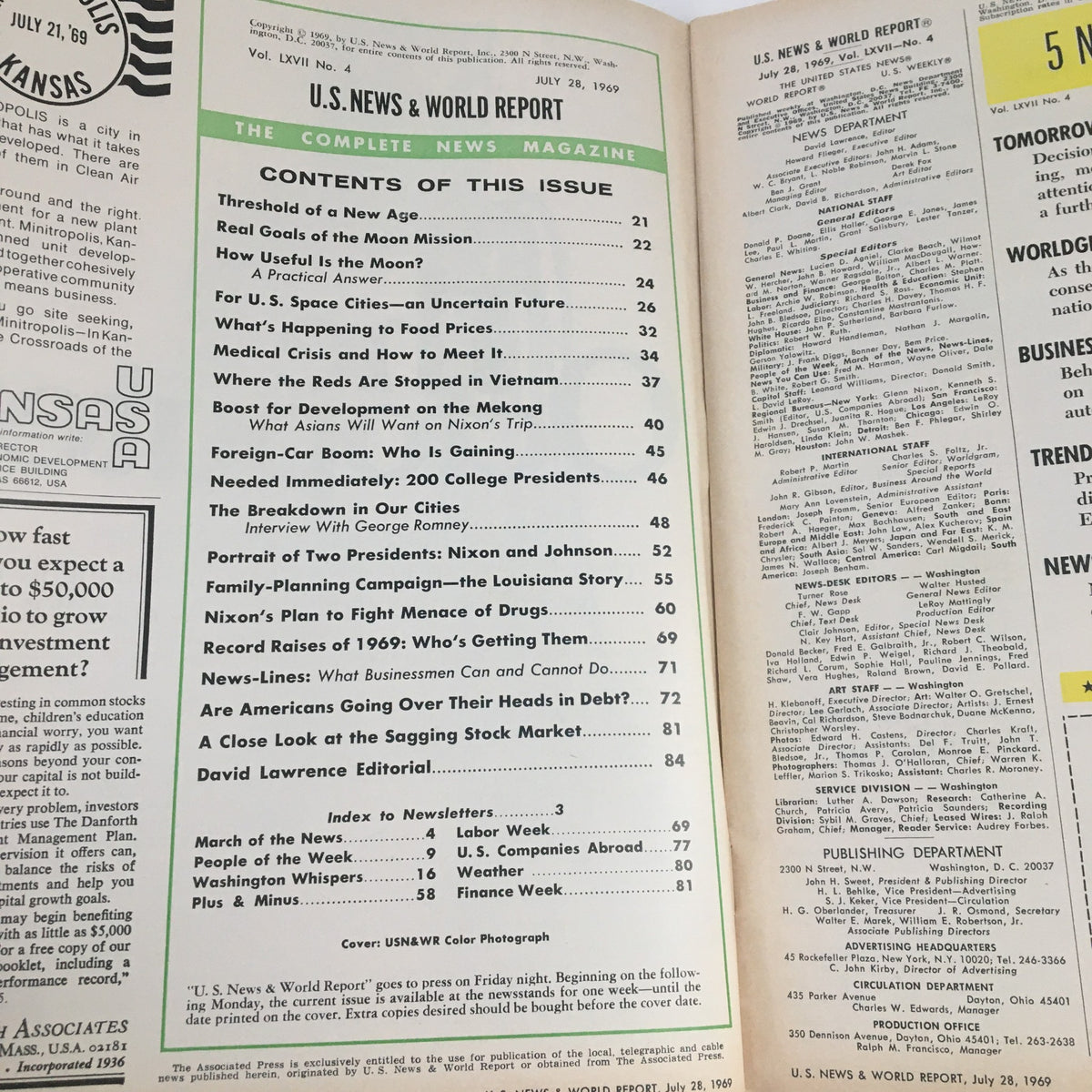 Interior page of the vintage U.S. News & World Report, July 28, 1969, featuring table of contents with articles including 'Breakdown in Our Cities' by George Romney, and other significant discussions reflecting the socio-political landscape of the late 1960s.