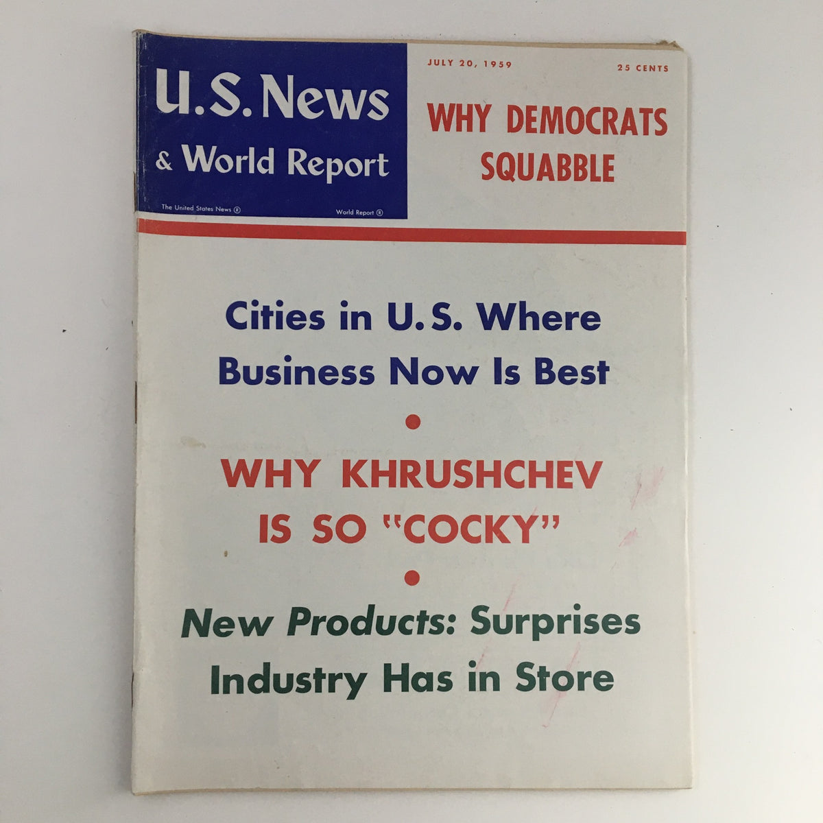 Cover image of the vintage U.S. News & World Report from July 20, 1959, featuring the bold headline about Nikita Khrushchev being 'Cocky', along with other articles on business and politics.