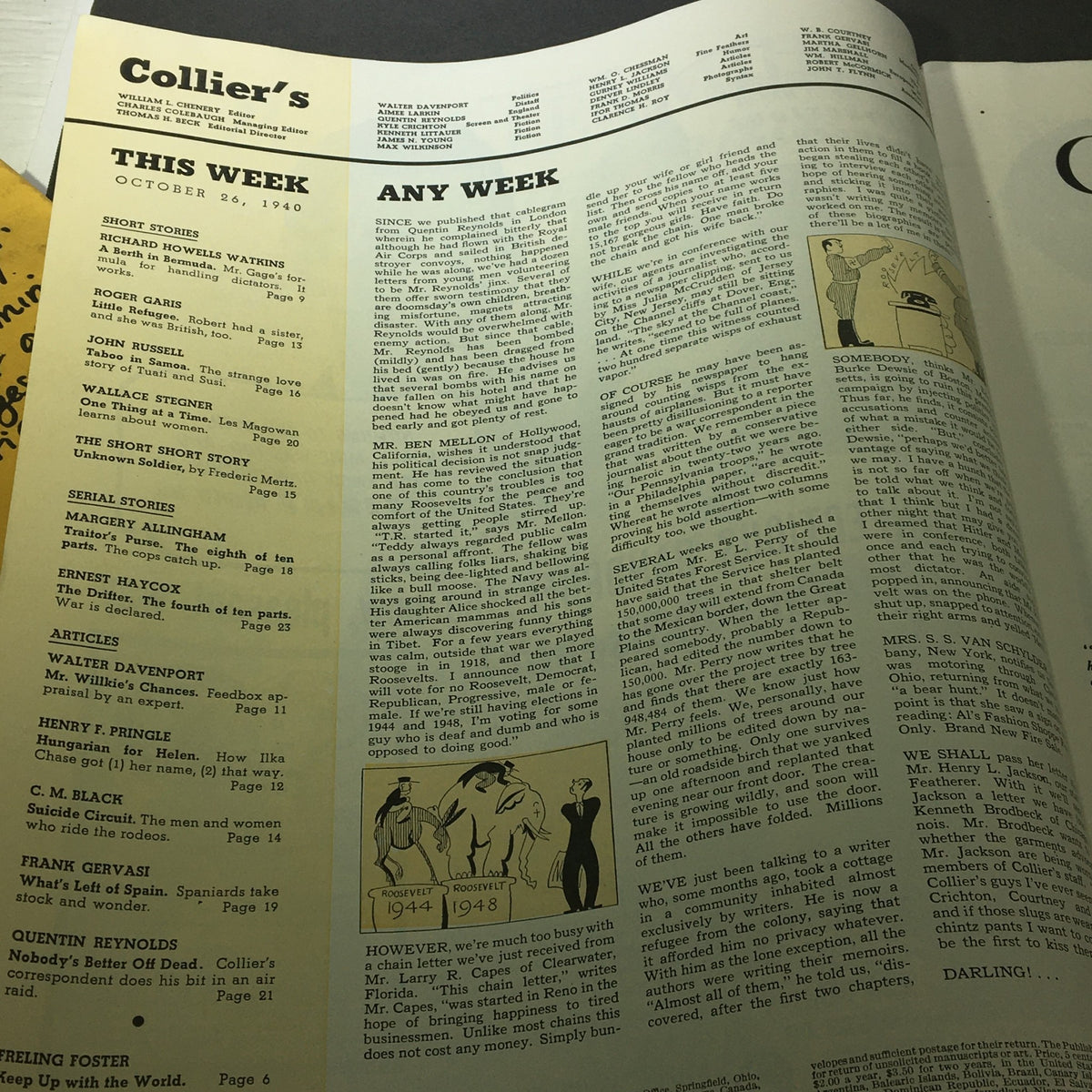 Interior page of VTG Collier's Magazine October 26, 1940, displaying the table of contents with articles including 'Mr. Willkie's Chances' by Walter Davenport, dated this week.