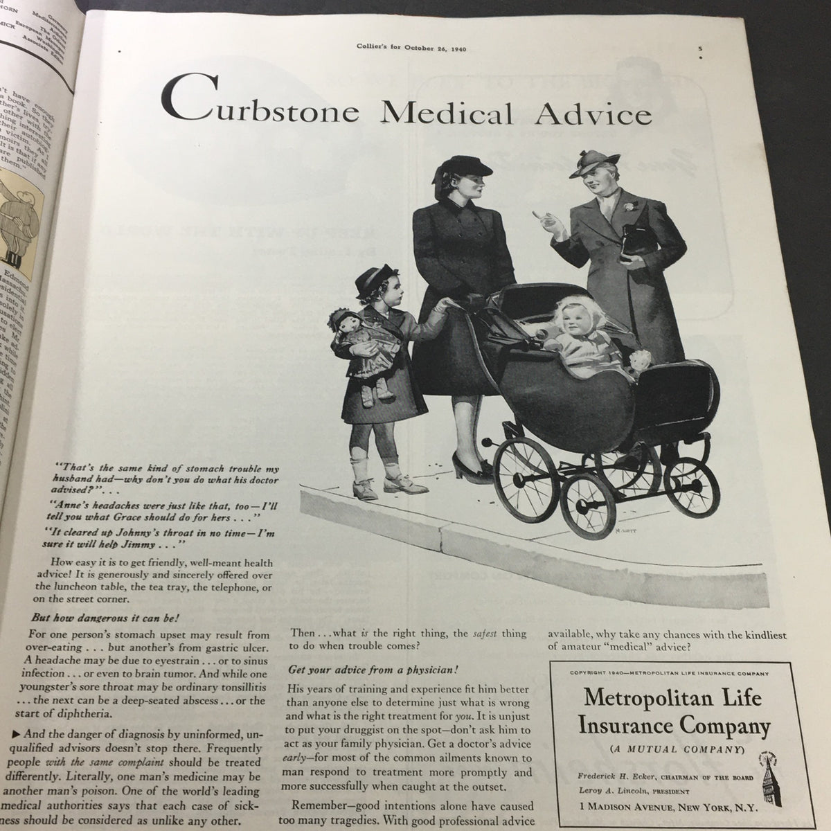 Interior page of VTG Collier's Magazine October 26, 1940 presenting an article titled 'Curbstone Medical Advice' featuring a scene with women and children, emphasizing vintage medical guidance.