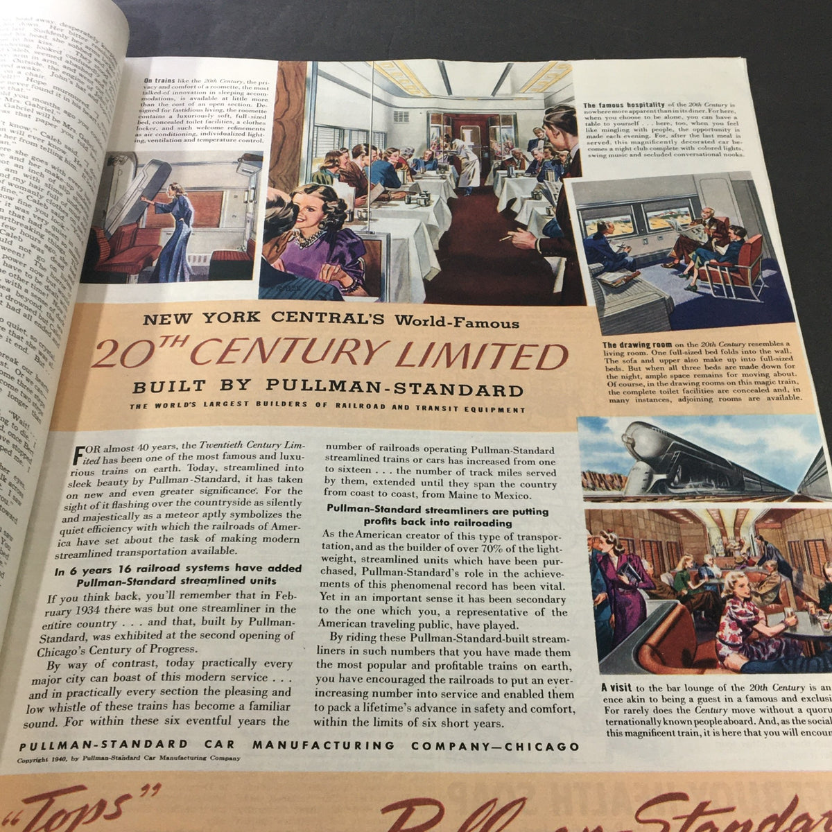 Page from VTG Collier's Magazine July 27 1940 promoting the New York Central's '20th Century Limited' train, featuring luxurious dining and travel scenes.