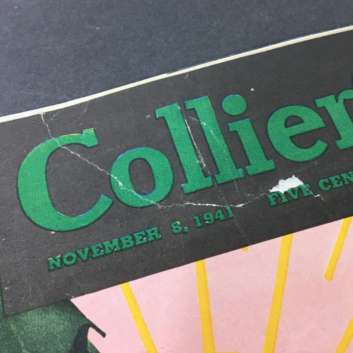 Close-up of the cover of VTG Collier's Magazine from November 8, 1941, featuring the title 'Collier's' prominently displayed, showcasing minor wear indicative of its vintage status.