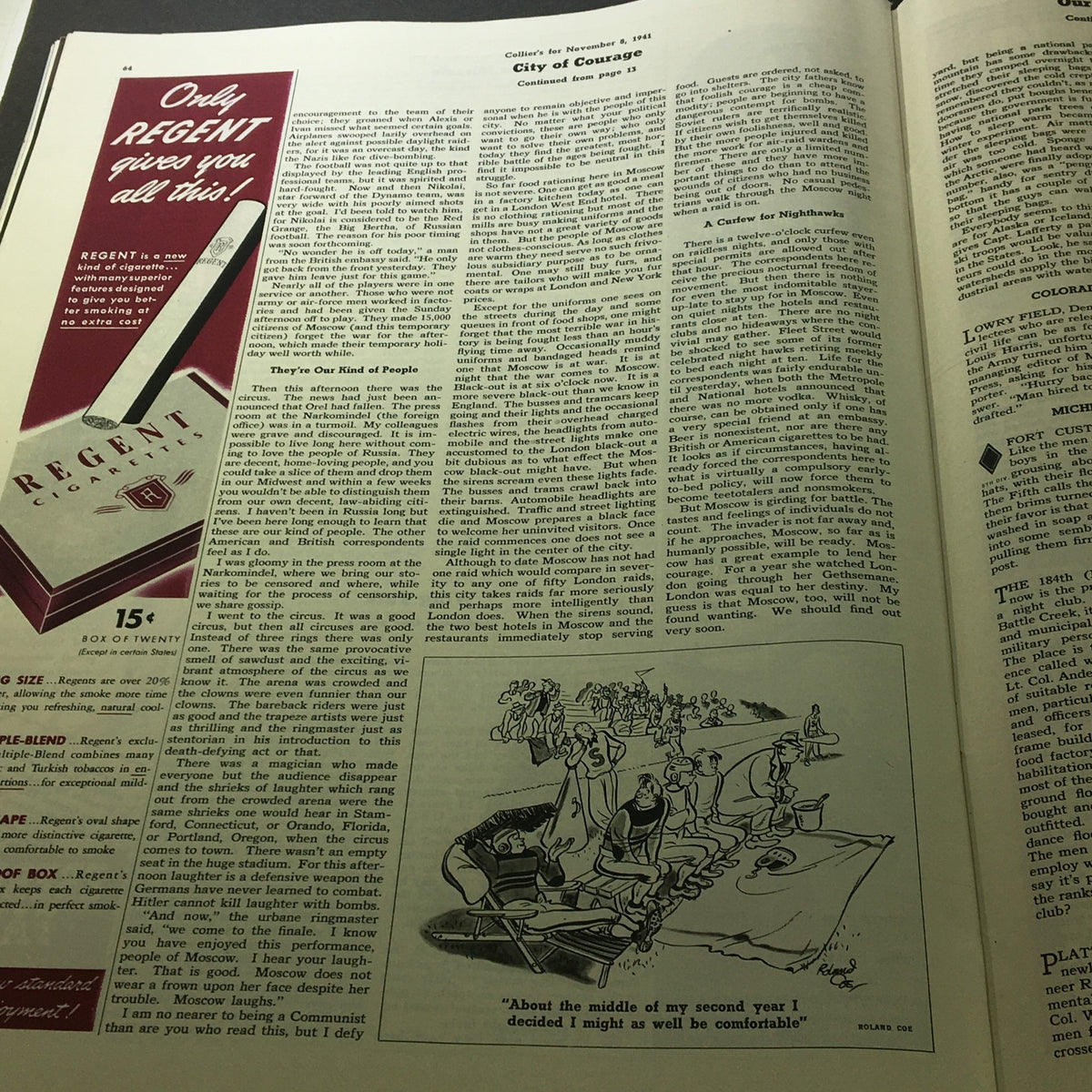 VTG Collier's Magazine November 8 1941 with an article titled 'City of Courage', displaying classic typography and advertisements from that era.