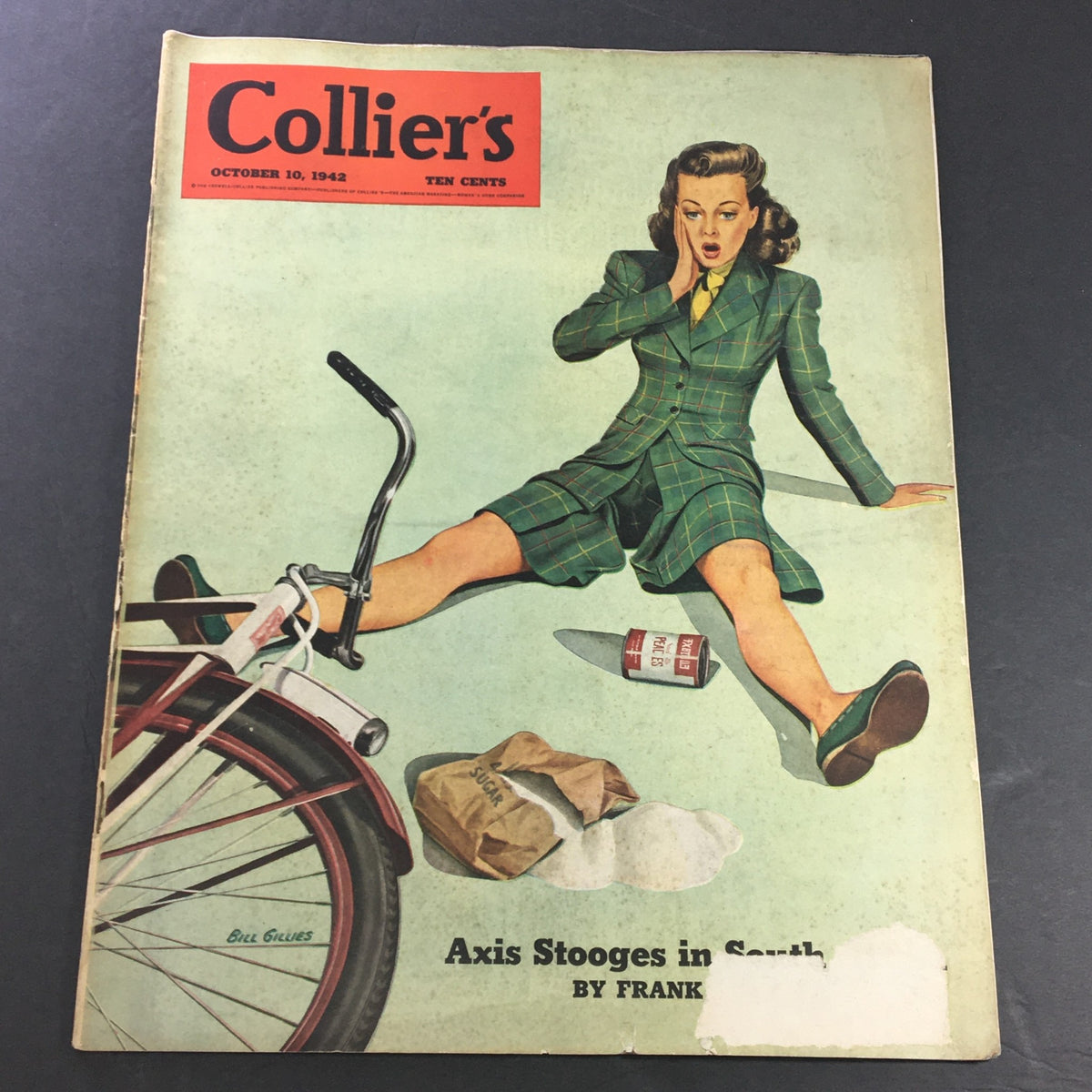 Cover of VTG Collier's Magazine, October 10, 1942, featuring the article 'Axis Stooges in the South' by Frank, illustrated with a surprised woman in a green plaid suit on a bicycle.