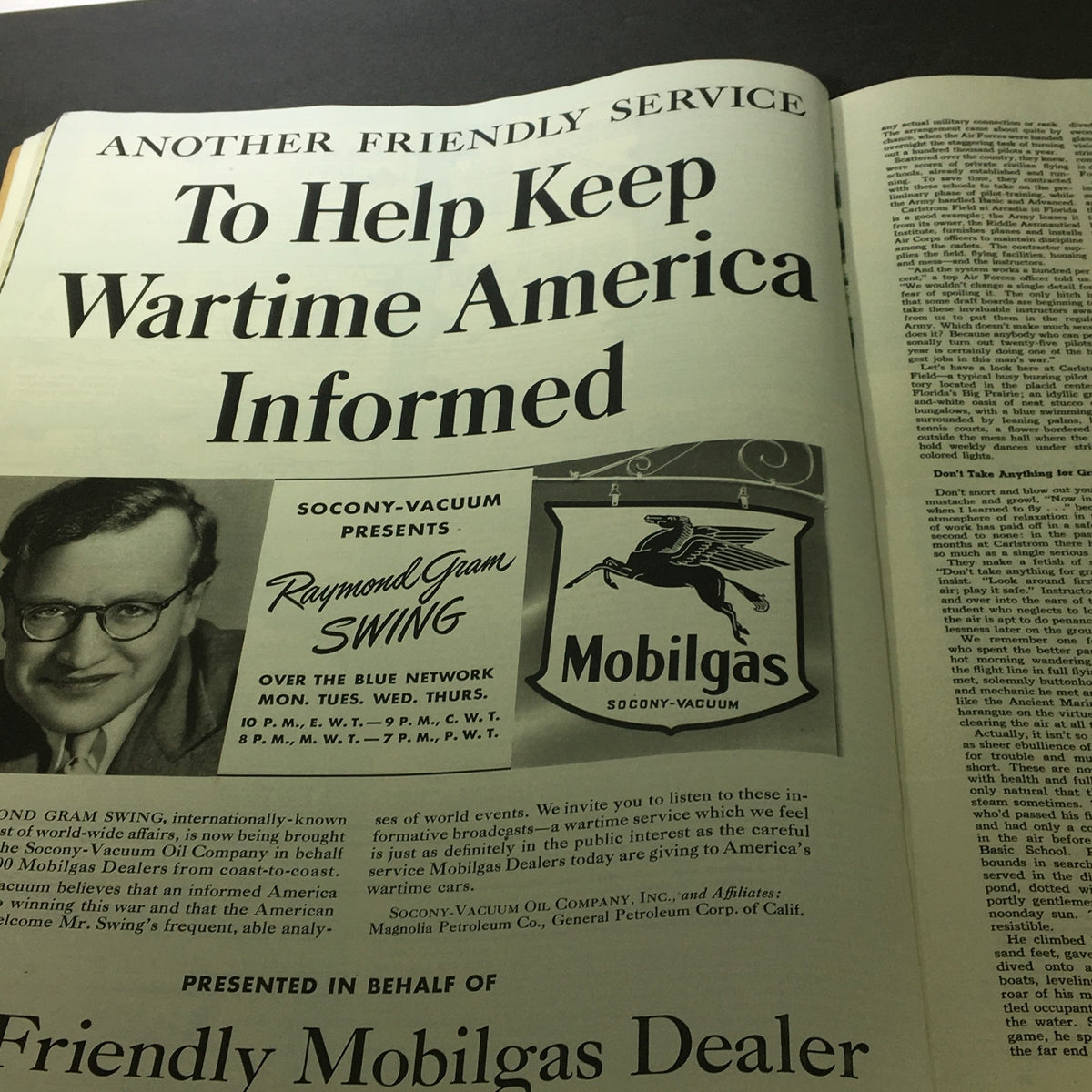 Interior page of VTG Collier's Magazine, October 10, 1942, featuring an advertisement for Socony-Vacuum Oil Company, promoting radio broadcasts to keep America informed.