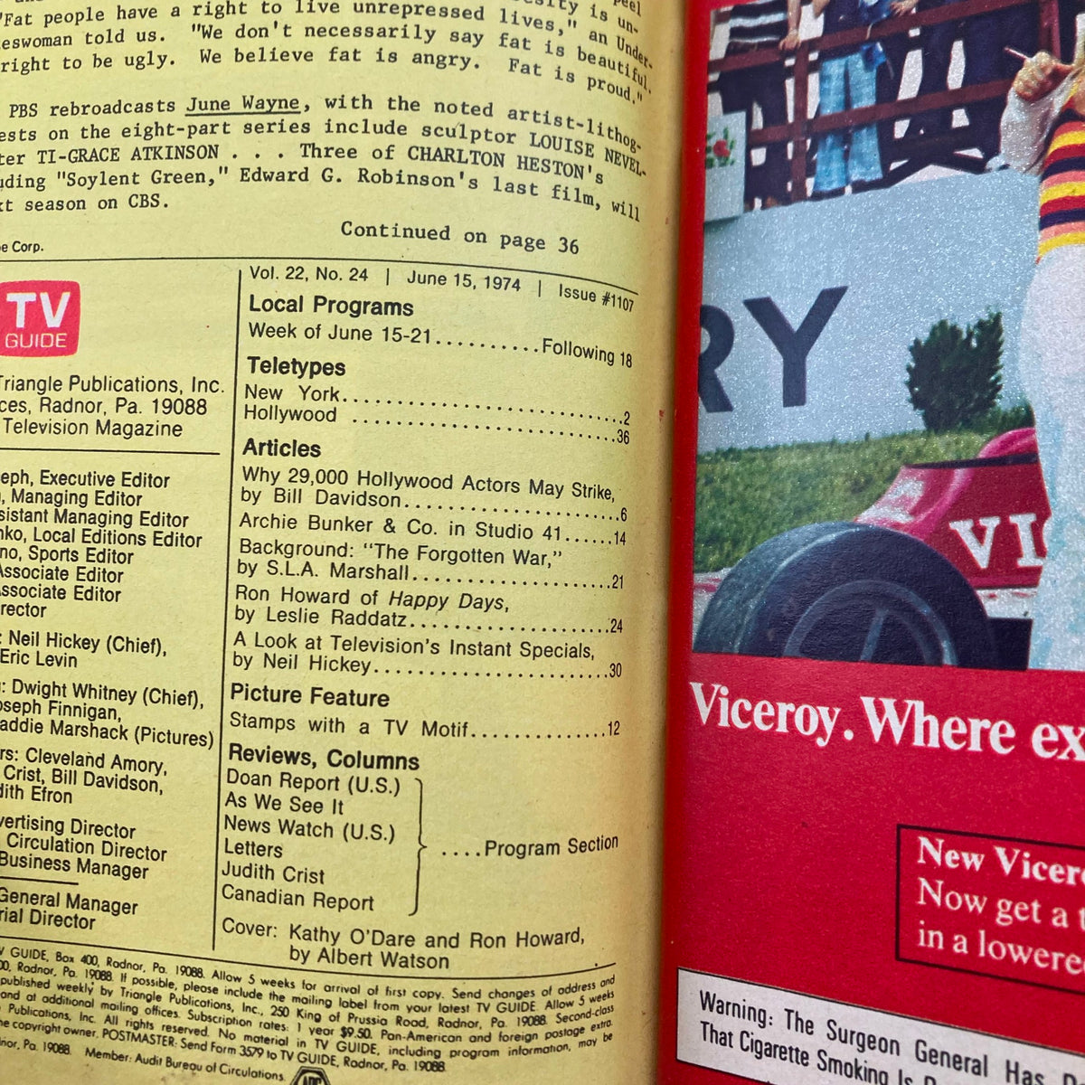 Inside page of TV Guide Magazine June 15 1974 #1107, featuring a list of local programs and articles including Ron Howard of Happy Days. A glimpse into 1970s television.