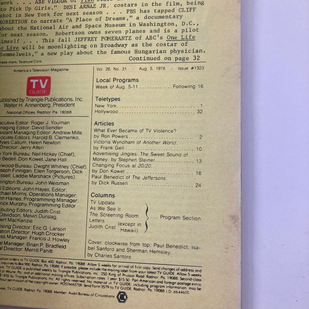 Back cover of TV Guide Magazine August 5 1978 #1323, including table of contents and articles such as 'What Ever Became of TV Violence?' with details about featured television programs for the week.
