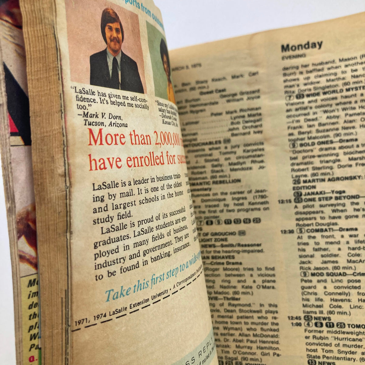 Interior page of the TV Guide Magazine March 1, 1975, issue #1144 showing an advertisement for LaSalle business training and television listings for the week.