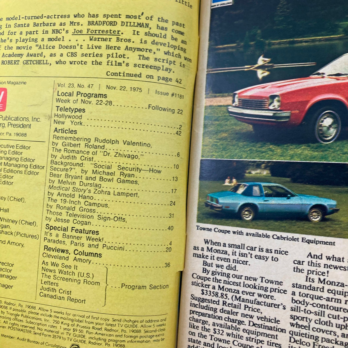 Inside page of TV Guide Magazine November 22, 1975, issue #1181 displaying local programming details, articles, and advertisements, with emphasis on Hollywood features and TV events.