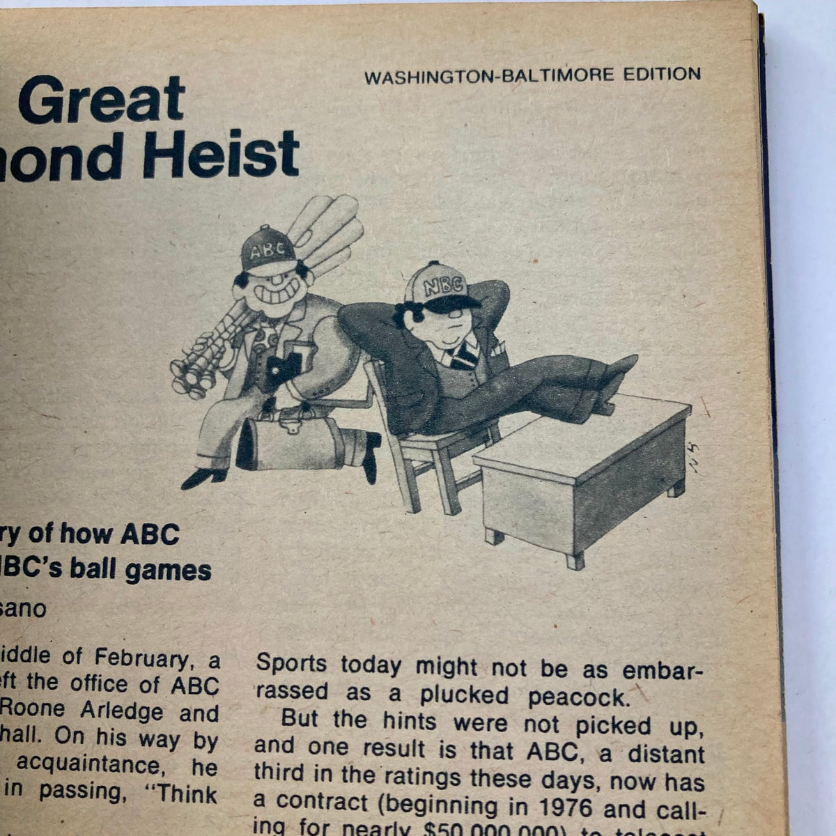 Illustration from TV Guide Magazine March 29 1975, featuring characters representing ABC and NBC, depicting a humorous take on television sports broadcasting. This vintage magazine captures a moment in entertainment history.