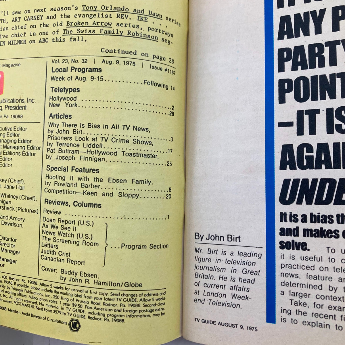 Inside page of TV Guide Magazine August 9 1975, displaying articles and reviews, includes a feature on Buddy Ebsen.