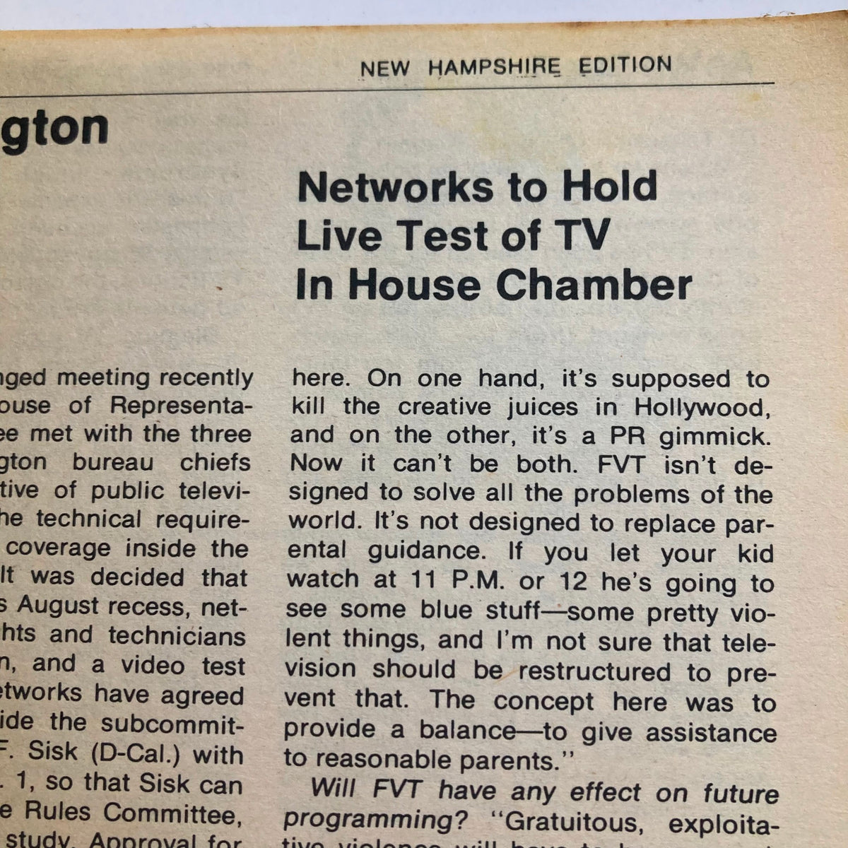 Another inside page of TV Guide Magazine August 9 1975, featuring a segment on networks testing live TV in House Chamber.