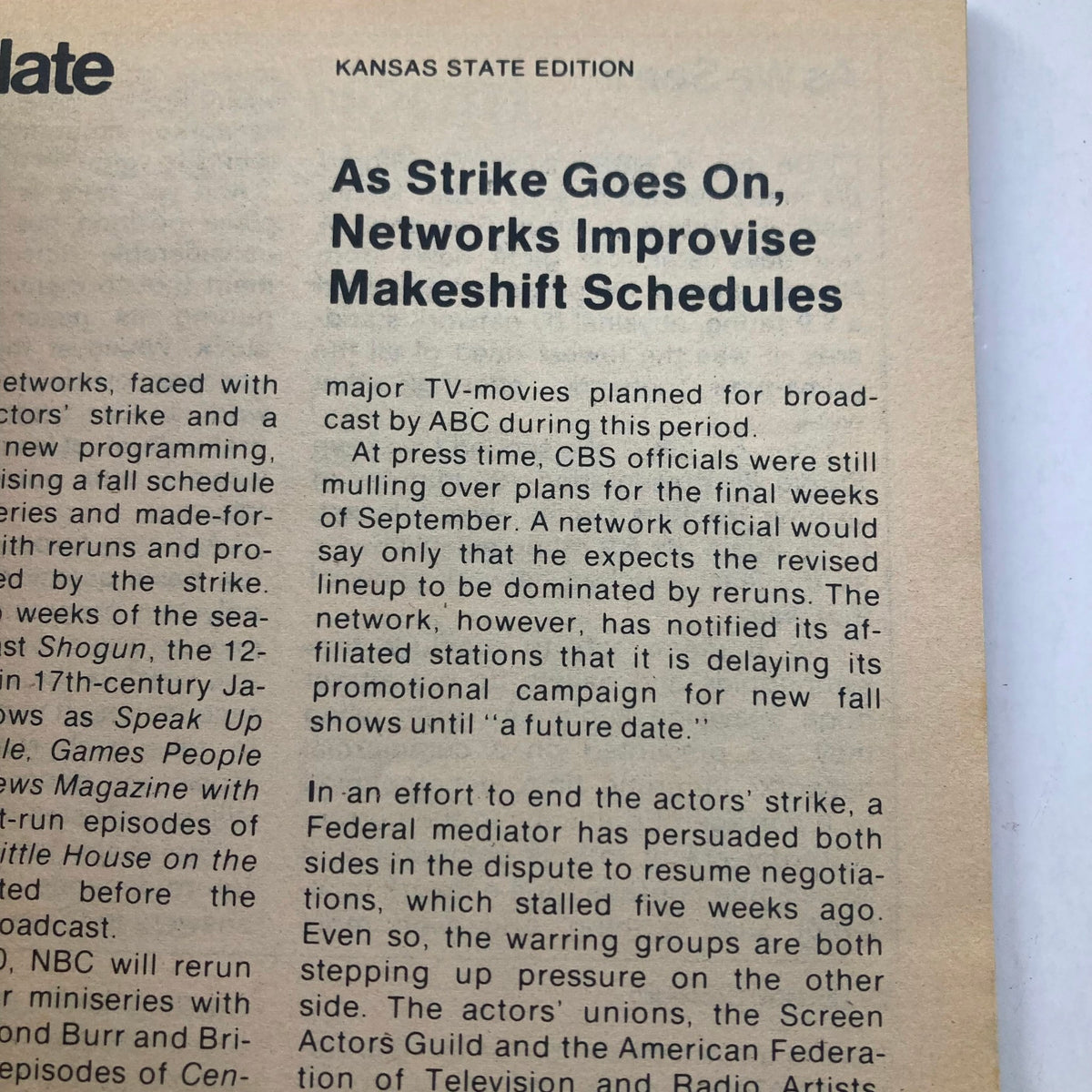 Inside page of TV Guide Magazine August 30, 1980, presenting an article titled 'As Strike Goes On, Networks Improvise Makeshift Schedules' focusing on television programming changes during an actors' strike.