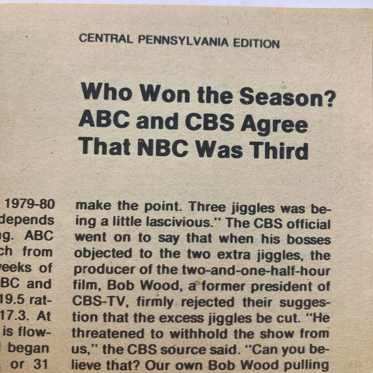 TV Guide Magazine from May 3, 1980 featuring an article titled 'Who Won the Season? ABC and CBS Agree That NBC Was Third' in the Central Pennsylvania edition.