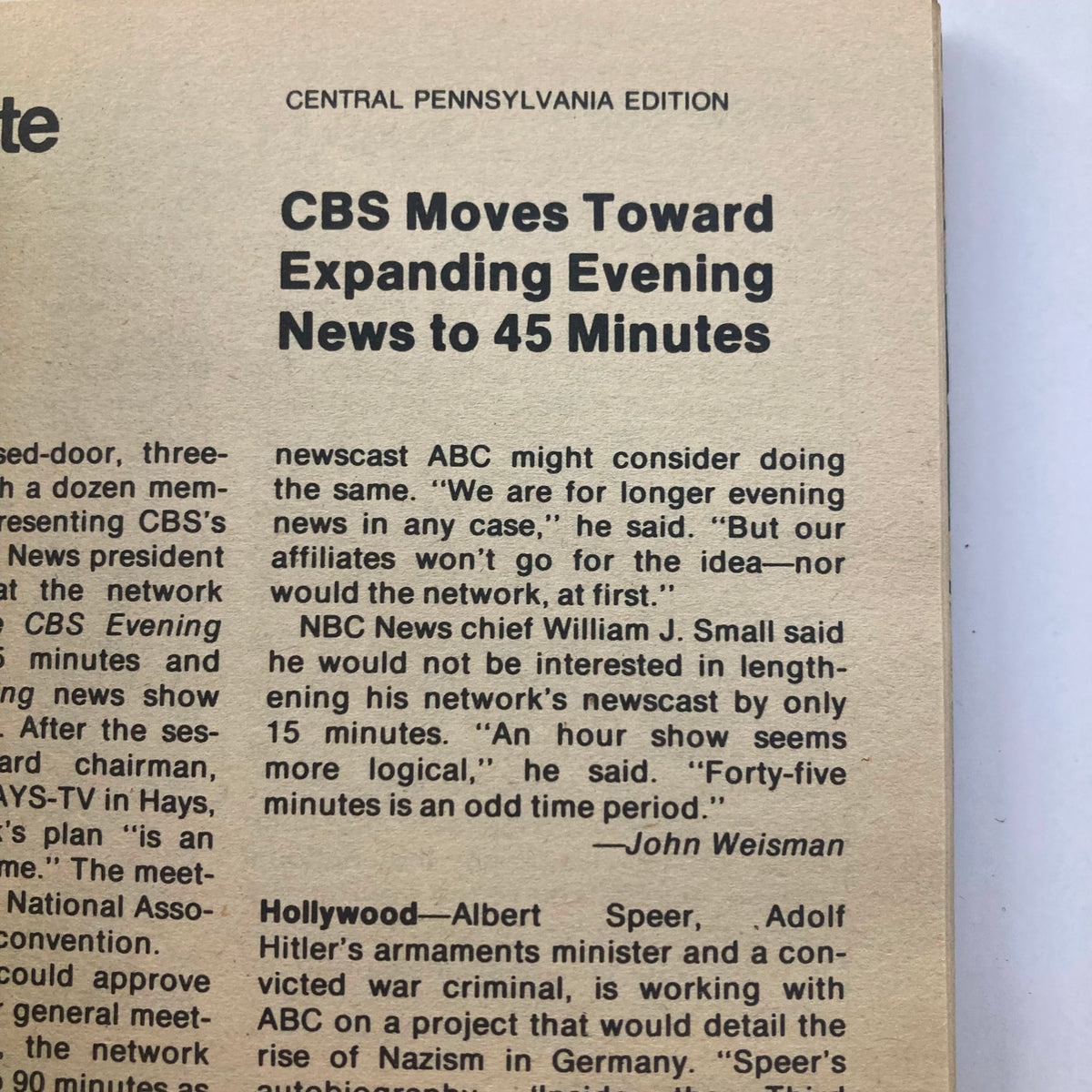 Interior page from the Central Pennsylvania edition of TV Guide Magazine dated April 26, 1980, discussing CBS's plans for expanding evening news to 45 minutes, highlighting industry insights.