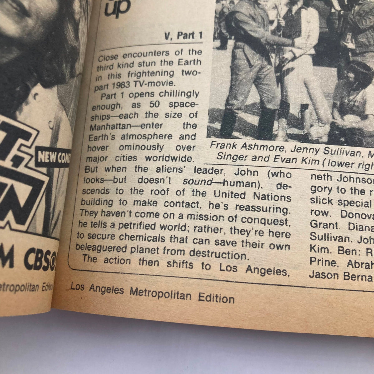 Inside page of TV Guide Magazine April 30 1983 detailing the two-part TV movie 'V' with a synopsis of the storyline and featuring a cast list, part of the Los Angeles Metropolitan Edition.