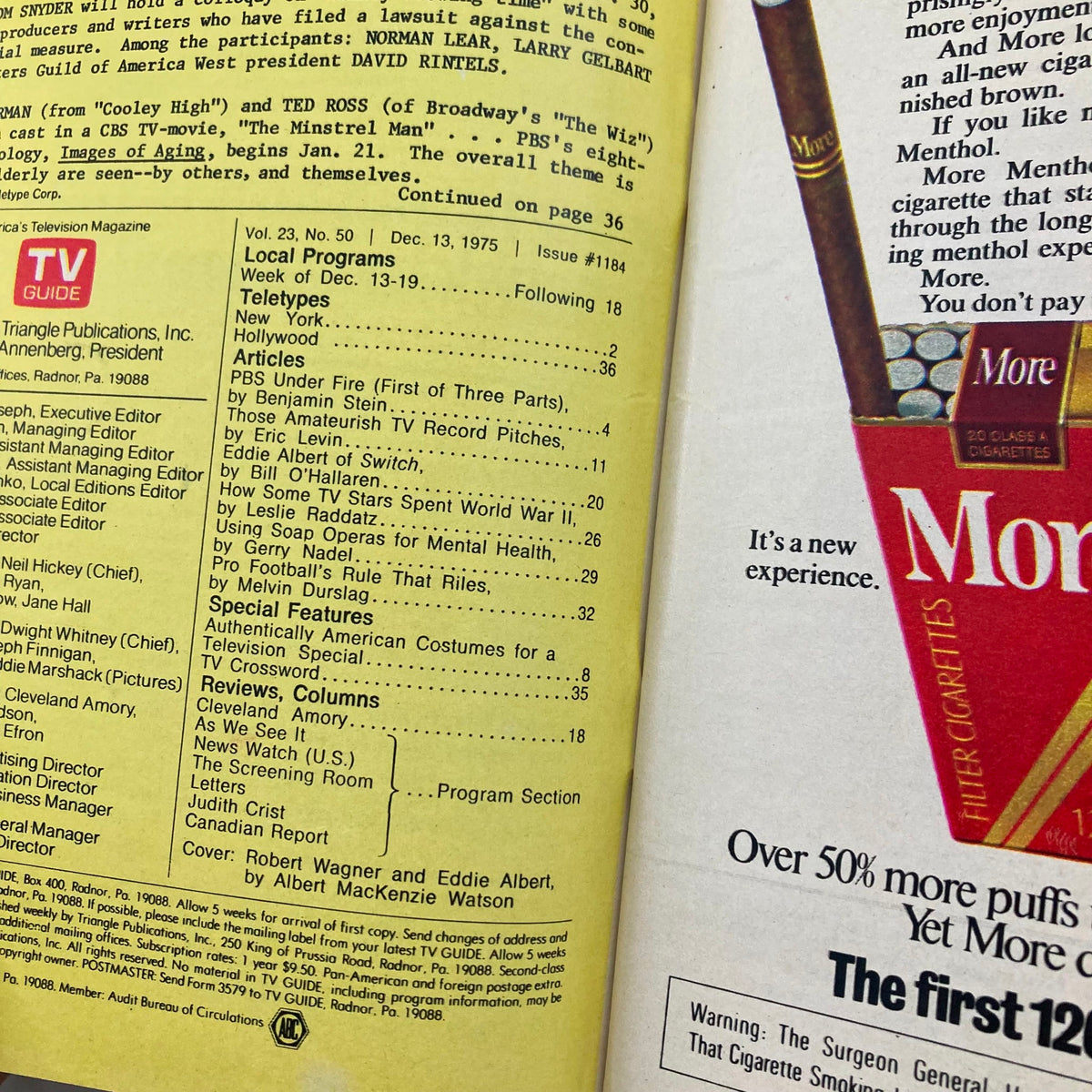 Inside page of TV Guide Magazine December 13 1975 issue #1184, featuring local program listings and details about Robert Wagner's show 'Switch'.
