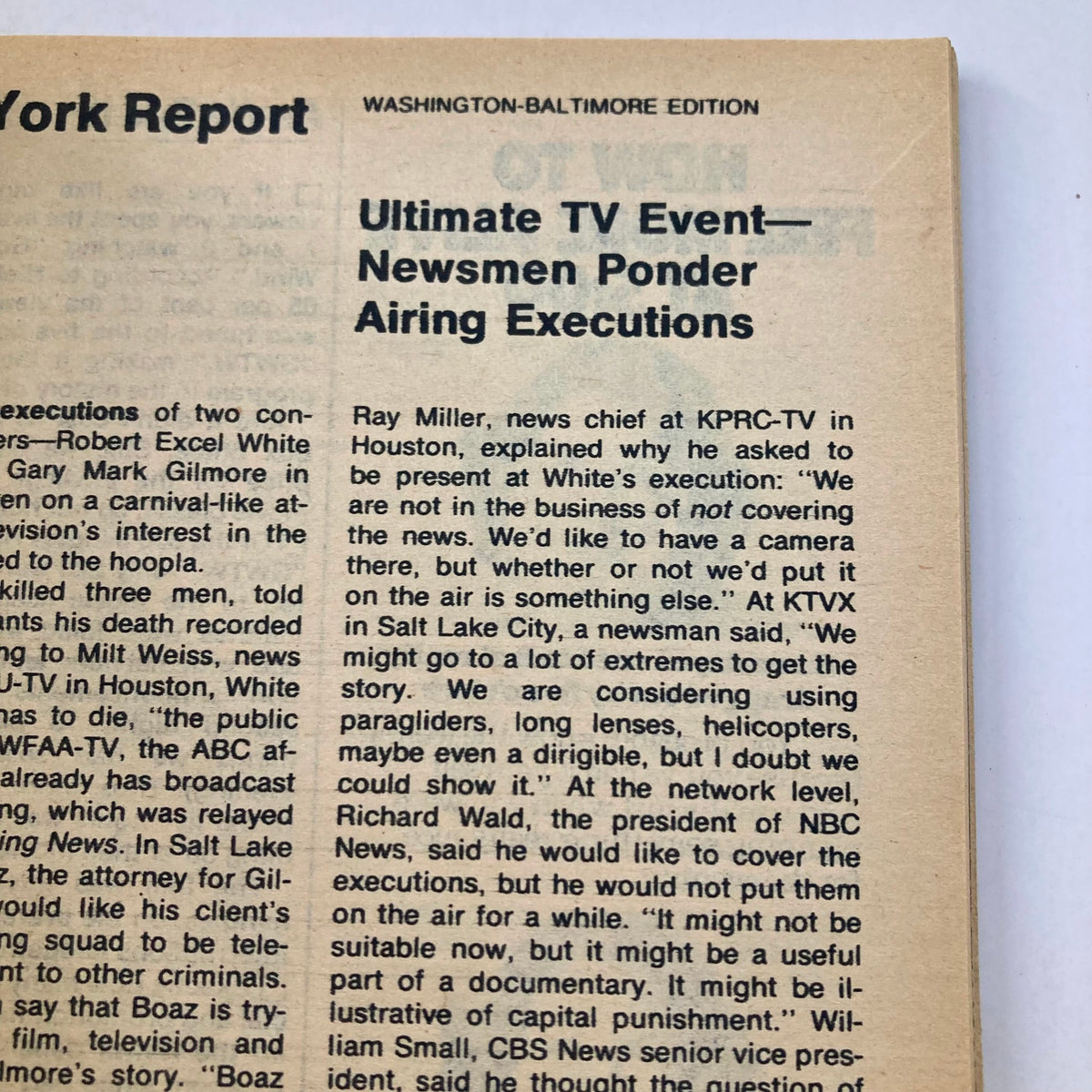 Close-up of an article in TV Guide Magazine December 4 1976 #1236 discussing controversial topics related to news coverage, including airing executions.