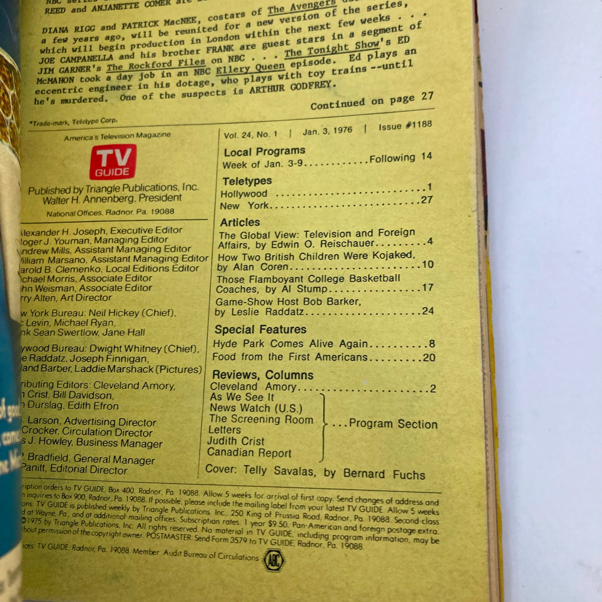 TV Guide Magazine January 3 1976 #1188 Telly Savalas WA-Baltimore Ed. No Label