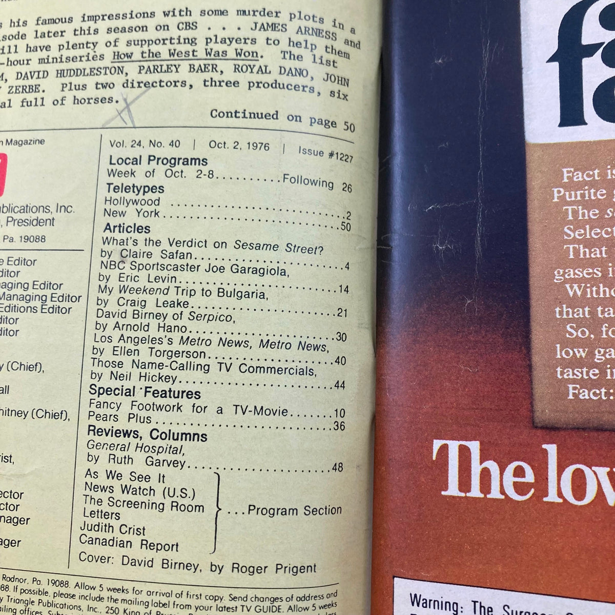 Interior page of TV Guide Magazine October 2 1976 #1227 highlighting articles including David Birney's contribution and television programming for the week.