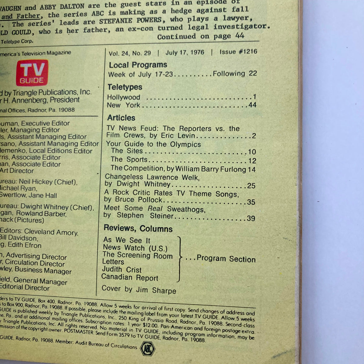 Back cover of TV Guide Magazine July 17, 1976 #1216, detailing articles and sections related to the Olympics and television programming, highlighting its historical significance.